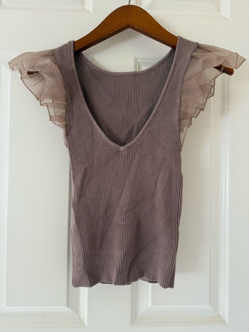 Anthropologie Mauve Ribbed V-Neck Tank with Sheer Ruffle Sleeves